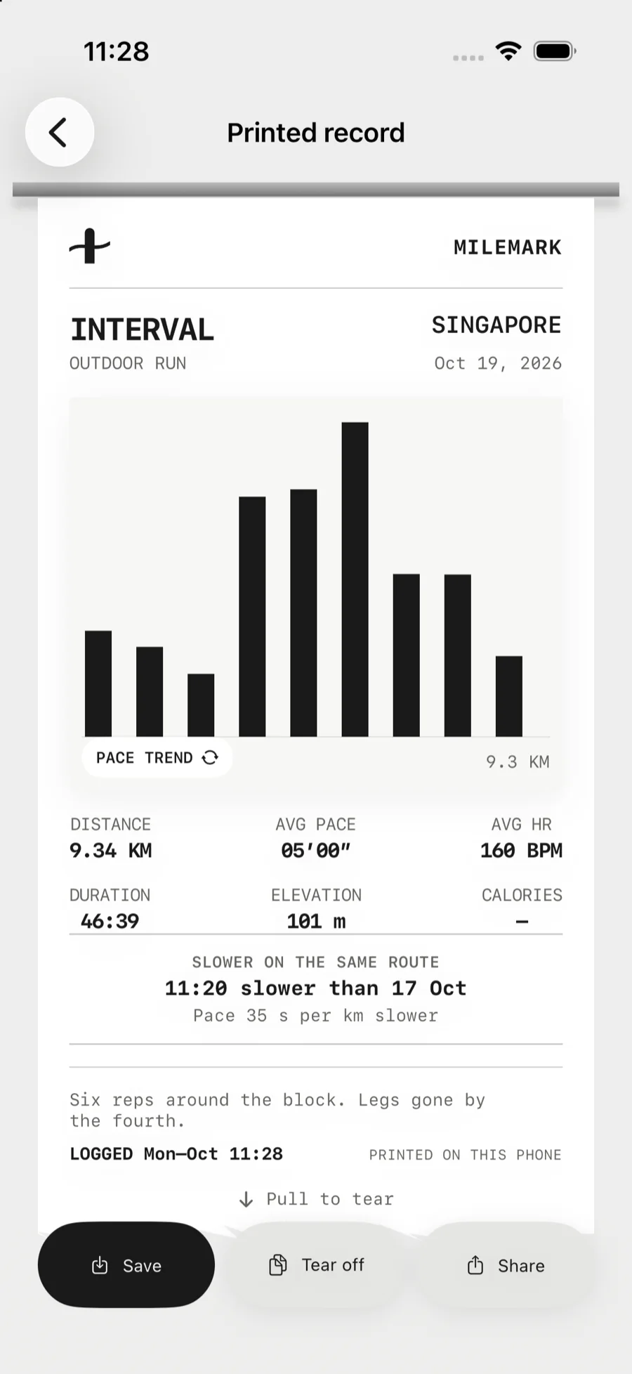 Pace — a chart for each kilometre, inspectable.