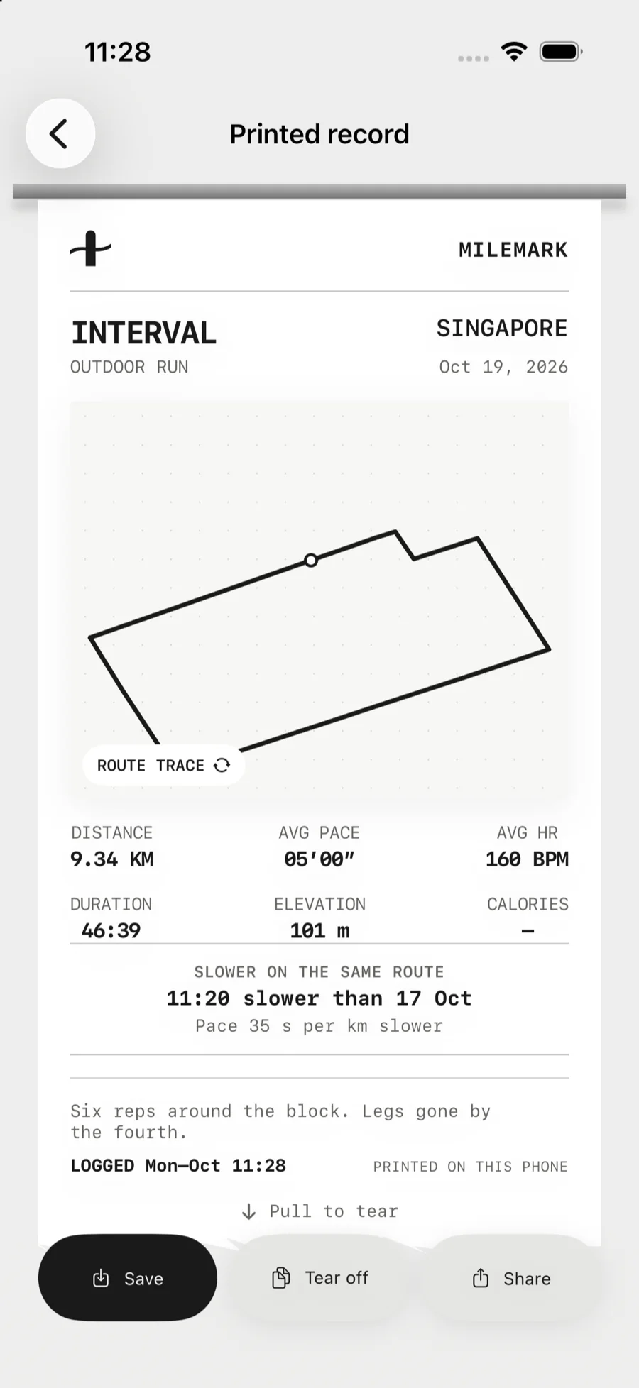 The receipt — the route drawn on paper, with distance, pace, time and elevation.