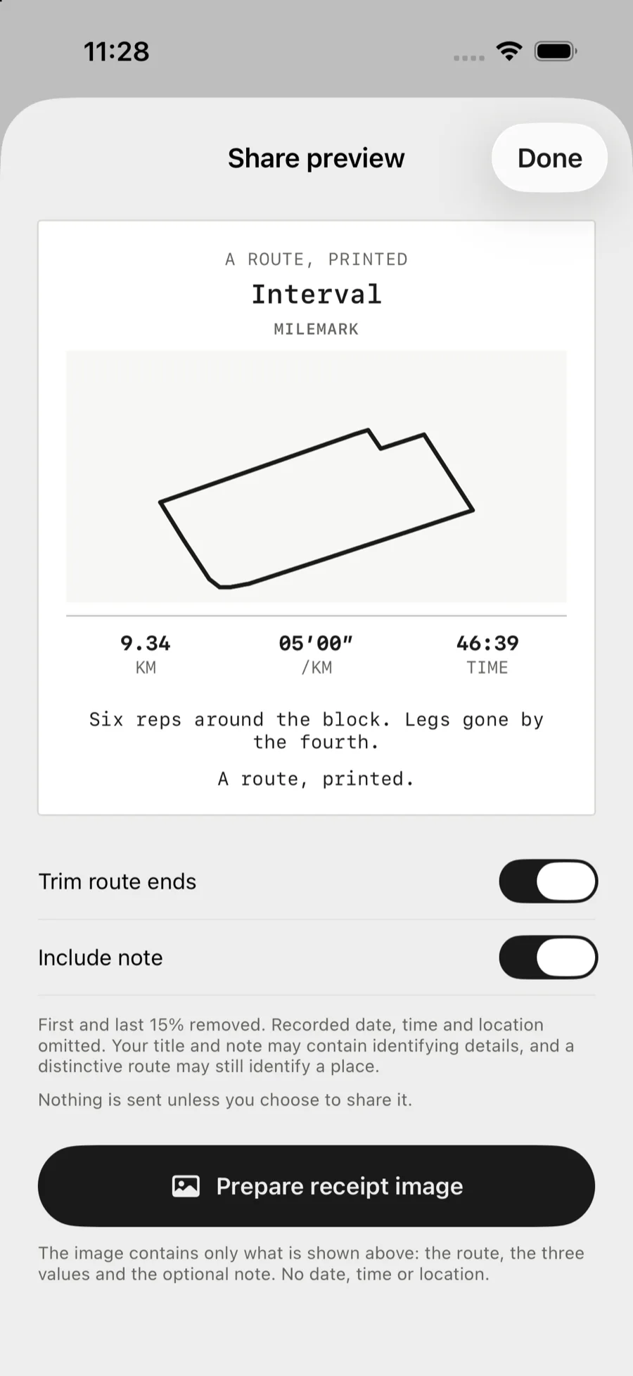Share — the route ends trimmed, the note optional.