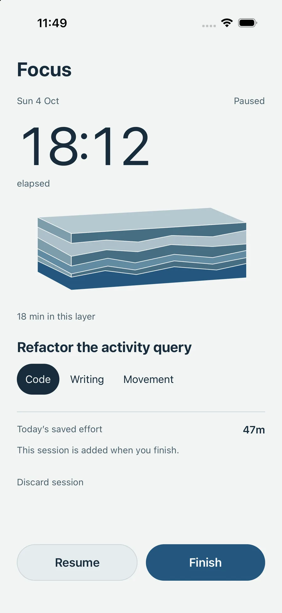Focus — a count-up timer holds an unsaved draft layer.
