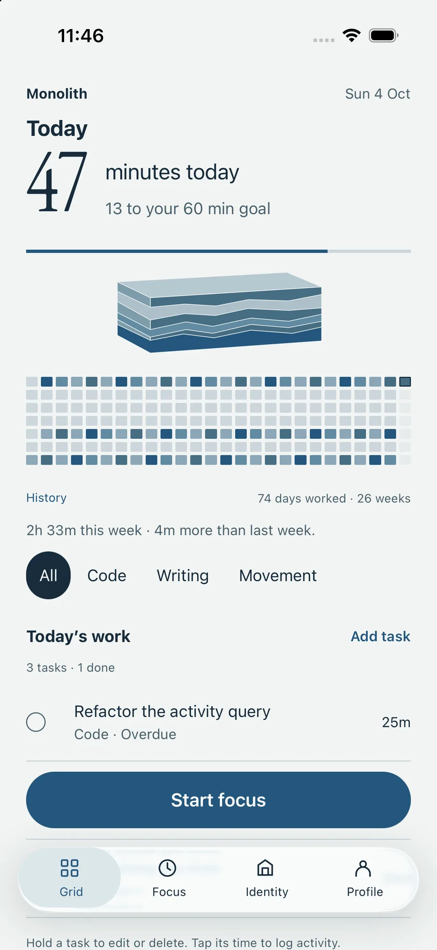 Grid — minutes today, the block of stone, 26 weeks of history.