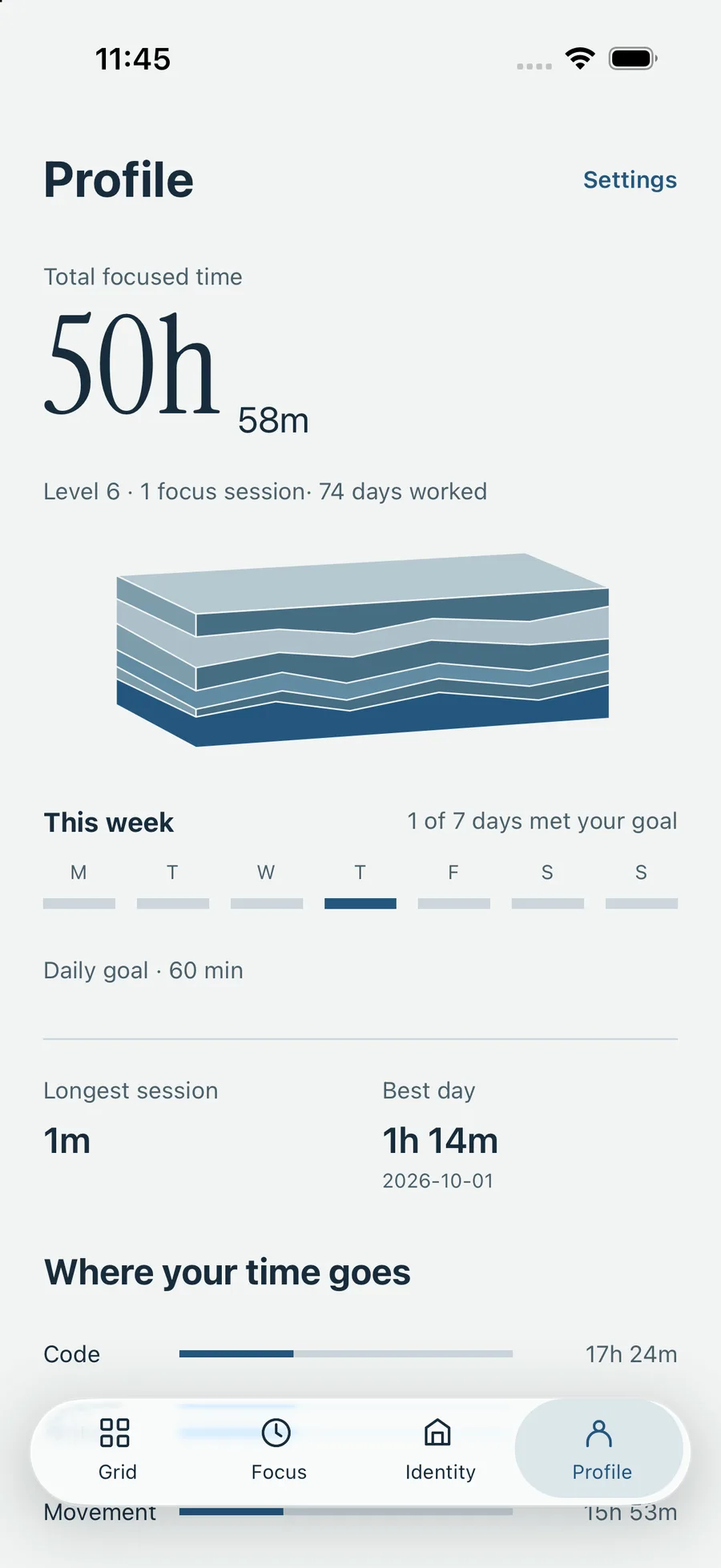 Profile — totals, level, and where the time actually went.