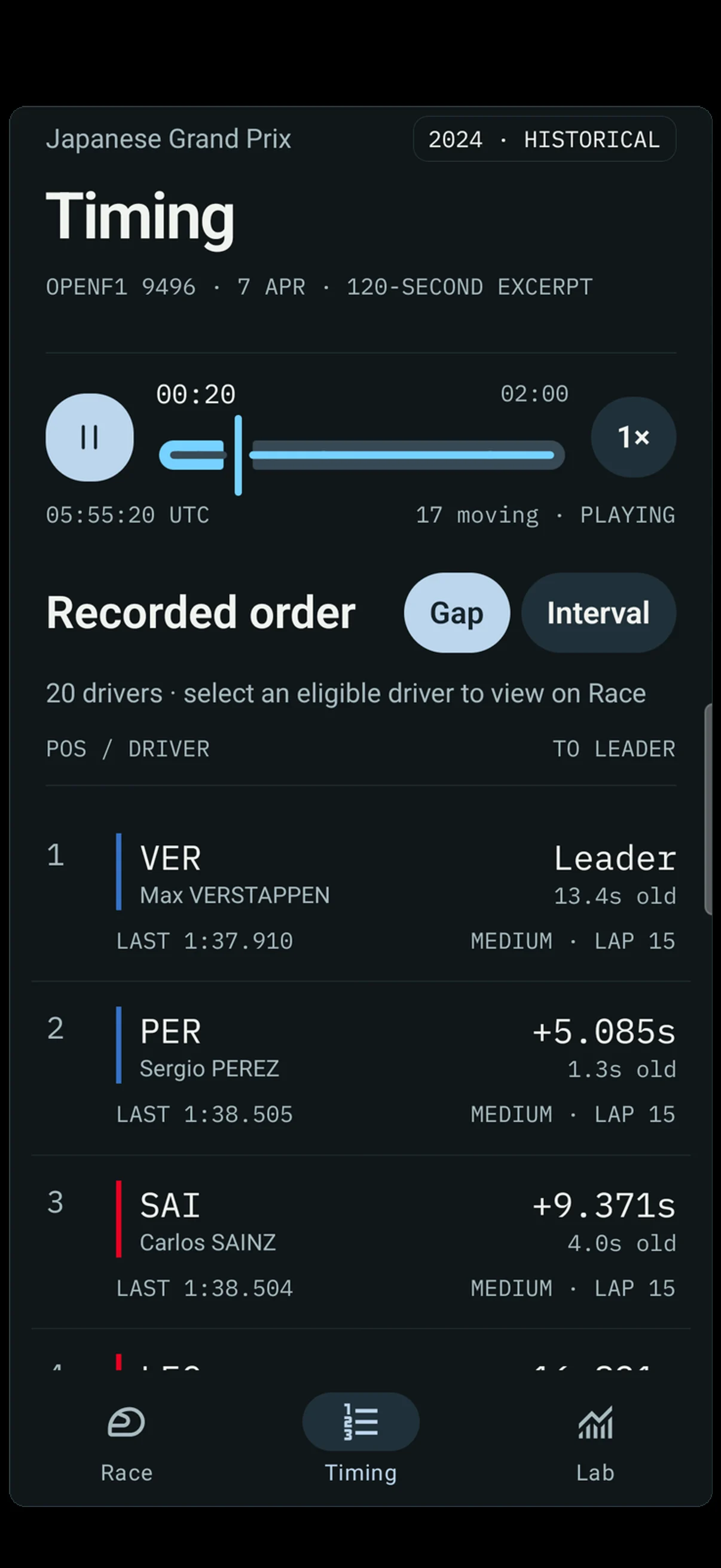 Timing — recorded order with gap or interval, last lap and source age. Sparse events are not inferred from the miniature.